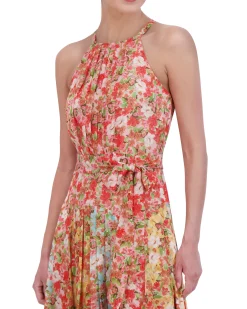 Printed Pleated Chiffon Midi Dress