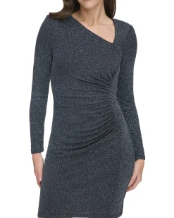 Ruched Asymmetric-Neckline Dress