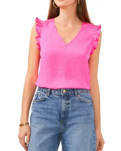 V-Neck Pleated Cap Sleeve Blouse